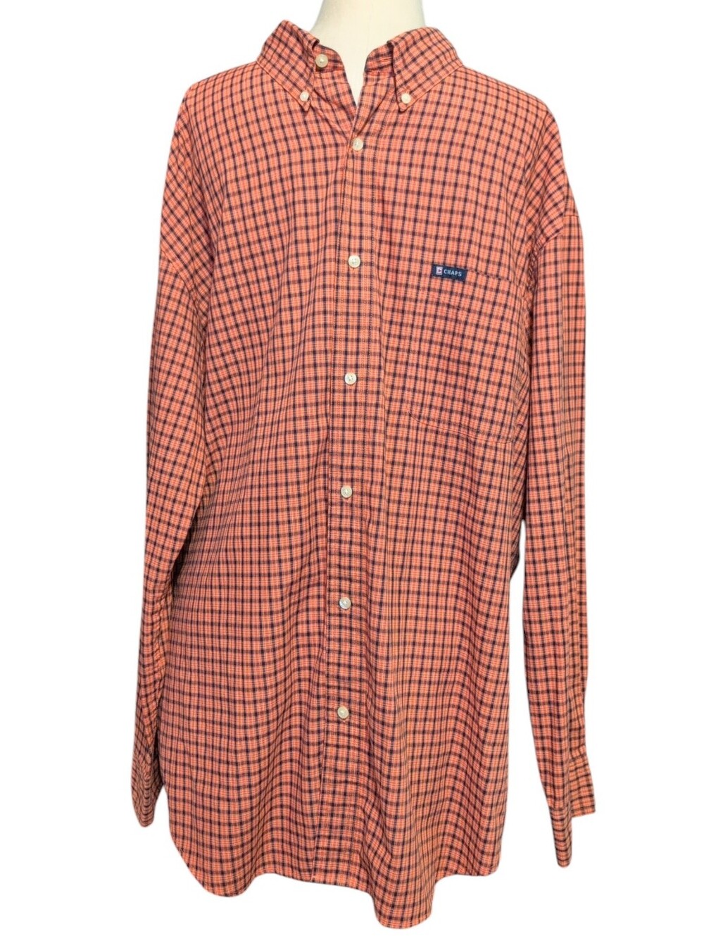 Chaps Orange and Navy Check Button-Down Shirt Long Sleeve Casual Career XXLarge
